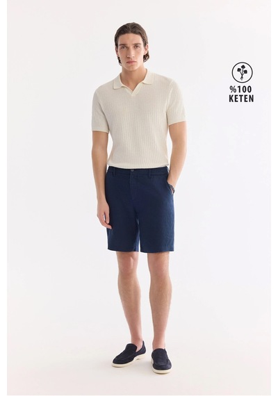 Avva Erkek Lacivert Beli Lastikli %100 Keten Relaxed Fit Şort B003732