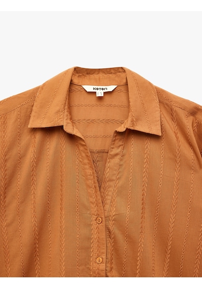Koton Pamuklu Uzun Kollu Nakış Detaylı Brodeli Oversize Poplin Gömlek Tarçın 6sak60251uw