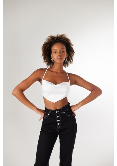 Holly Lolly Bel Bağlamalı Askılı Saten Shery Crop Beyaz