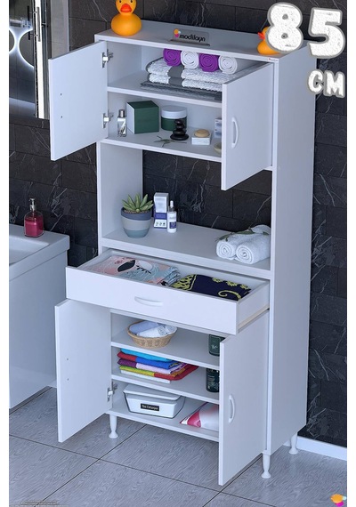 Arda 85 Cm 4 Kapaklı 7 Raflı Ve Çekmeceli Çok Amaçlı Banyo Dolabı Beyaz