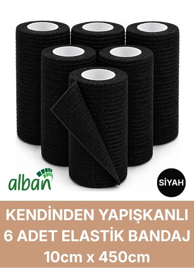 10cm 6'lı Set Kendinden Yapışkanlı Elastik Bandaj, Kohesiv Bandaj 10cm X 4.5m Spor, Bilek, Ayak Bileği, Veteriner Bandajı Siyah