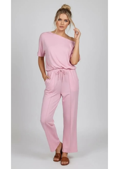 Park Karon 26022 Kadın Kayık Yaka Bluz Bağcıklı Pantolon Penye Alt Üst Takım Pembe