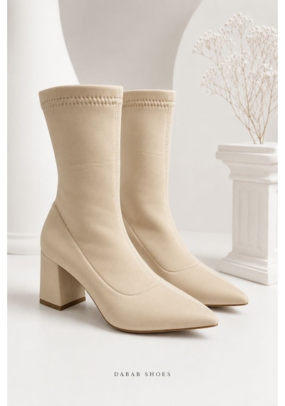 Dabab Shoes Rachel Kadın Bej Sivri Burun Dalgıç Streç 7 Cm Kalın Topuklu Çorap Bot Bootie
