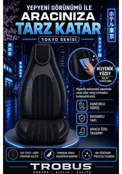 Fiat Albea 2002-2012 Bel Destekli Tay Tüyü Koltuk Kılıfı Tokyo Serisi Siyah Mavi