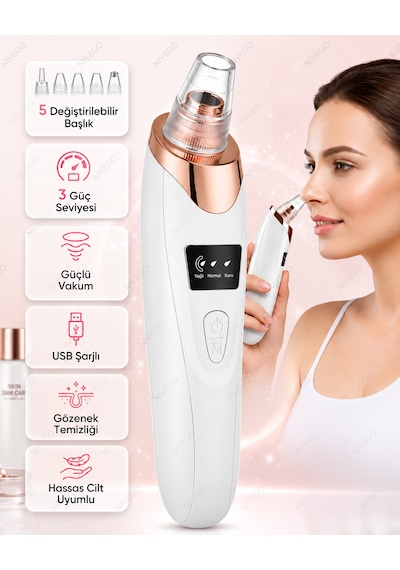 Ahm Vakumlu Derma Siyah Nokta Temizleme Cihazı Lcd Ekranlı 5 Başlıklı 3 Kademeli Güç Ayarlı Usb Şarjlı Gözenek Temizleyici Yüz Bakım Cihazı