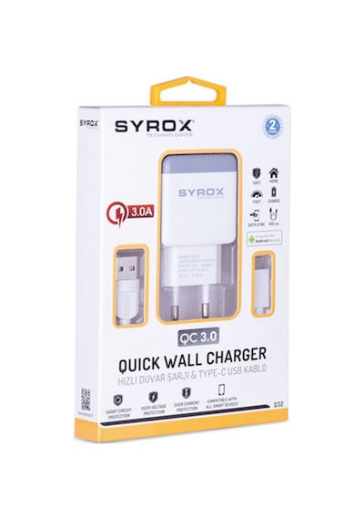 Syrox Q32 Type-C Girişli 3.0 Amper Hızlı Şarj Aleti+Kablo Seti (418308832)