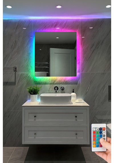 Digital Hayat Rgb Led Işıklı Kare Ayna Dekoratif Banyo Makyaj Aynası Sınırsız Renk Çok Renkli