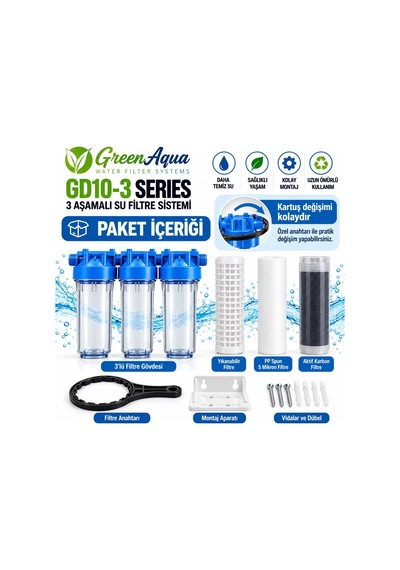 Green Aqua Gd10-3 3 Lü Daire Girişi Su Filtresi 3/4 Giriş-çıkış