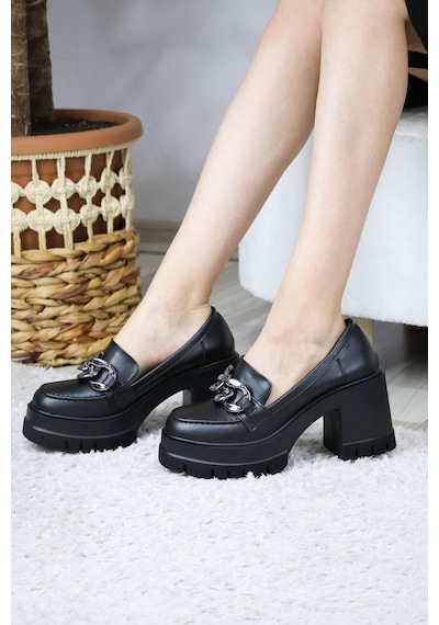 Asmi Shoes Kadın Kalın Toka 8 Cm Platformlu Loafer Ayakkabı Siyah Cilt Siyah