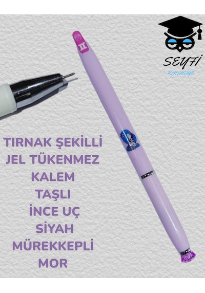 Tırnak Şekilli Jel Tükenmez Kalem Taşlı İnc Uç Siyah Mürekkepli Mor
