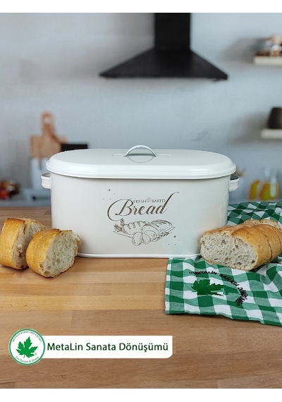 Lin Metal Metal Kapaklı Ekmeklik (Bread Baskılı) - Krem