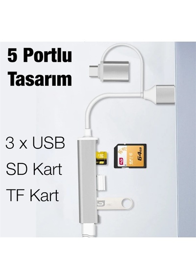 Ally A-807 5in1 Type-c + Usb Girişli Usb 3.0 Çoğaltıcı Hub Adaptör- 5775