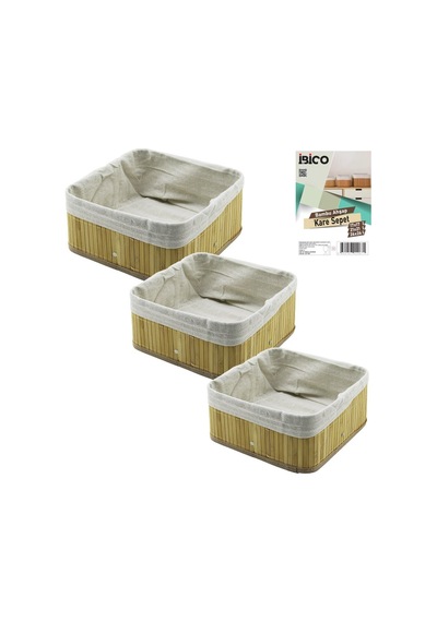İbico İ12-067 Kare Bambu Kenar Organizer Sepet Seti 3 Boy Ahşap Altlık Bezli