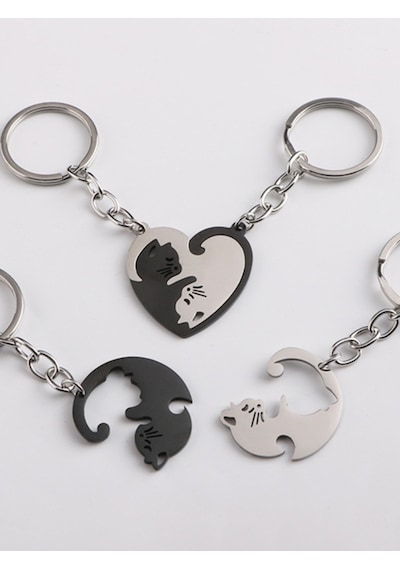 Kedi Figürlü Çift Anahtarlığı - Birbirini Tamamlayan 2'li Puzzle Anahtarlık Seti