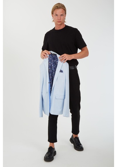 Sposo G-224 Dar Kalıp Örme Kumaş İndigo-Beyaz Erkek Blazer Ceket Beyaz - Indigo