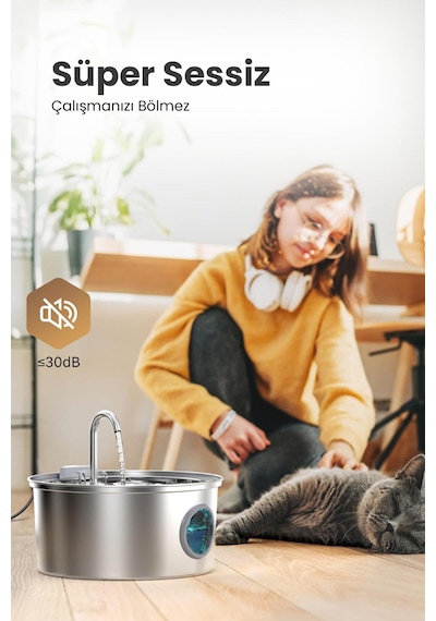 3.2 L Tekli Paslanmaz Çelik Kedi Köpek İçin Otomatik Su Pınarı Su Çeşmesi Su Sebili Sessiz Pompalı