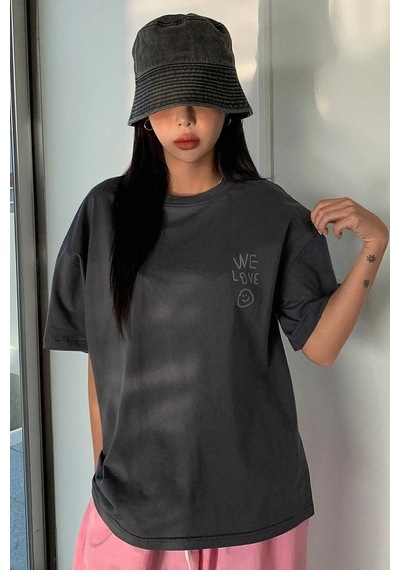 Whatever We Love T-shirt - Füme Baskılı Oversize Bisiklet Yaka Kısa Kol Füme