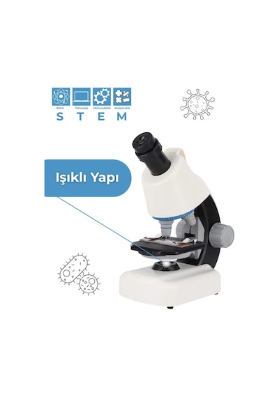 Temel Beyaz Stem Mikroskop Seti 100x 400x 1200x Plastik Gövdeli Bilim Kiti