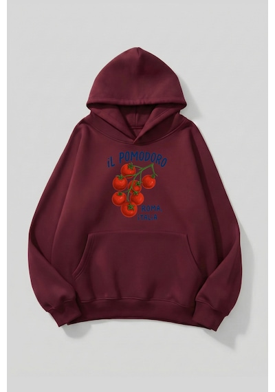 Uyguntarz Unisex Yumuşak Dokulu İl Pomodoro Roma Italia Baskılı Tasarım Oversize 3 İplik Hoodie Sweatshirt Bordo