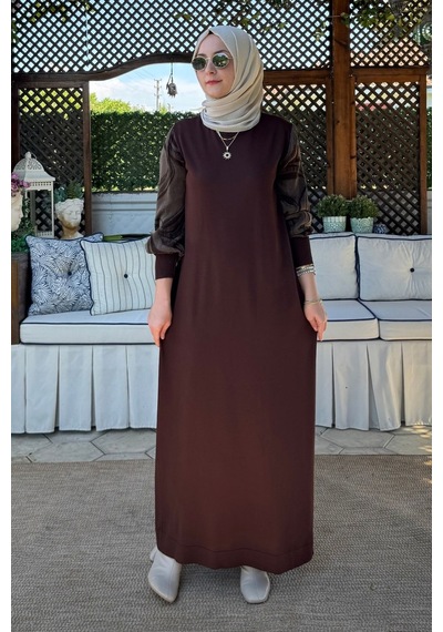 Rabia Şamlı Ebru Cupra Detaylı Triko Elbise Acı Kahve Normal