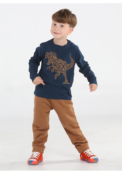Casabony Kahve Yazılı Dino Jogger Pantolon + Tshirt Takım-kahve