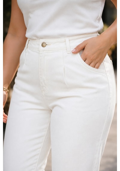 Cedy Denim Mom Fit Jean Büyük Beden Yüksek Bel Carrot Kesim Dar Paça Pileli Esnek Kot Pantolon C600 Beyaz-300