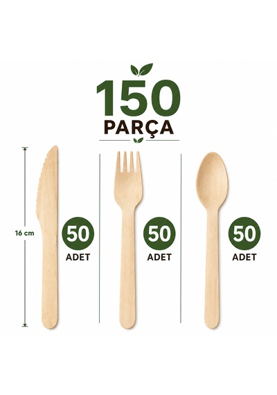 Doğa Dostu Ahşap Çatal Bıçak Kaşık Seti 3x50'li Paket Açık Ahşap