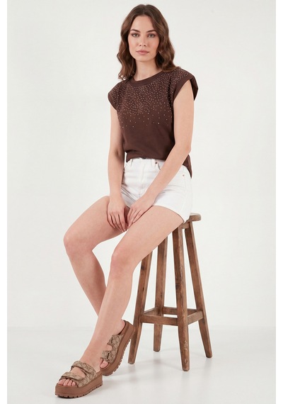 Lela Pamuklu Regular Fit Taş Detaylı Bluz Bayan Bluz 5866945 Kahve