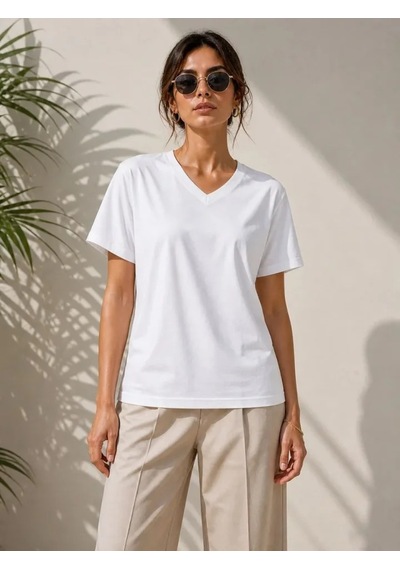 Efnaz Style V Yaka Basic Tişört Kısa Kol Yazlık Regular Fit T-shirt - Beyaz