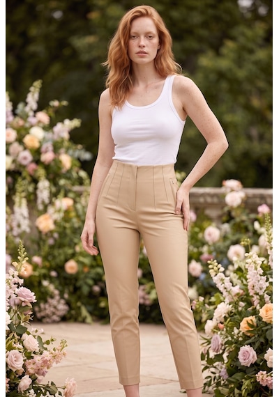 Soulshae Yüksek Bel Dar Kesim Cepli Krep Pantolon Krem