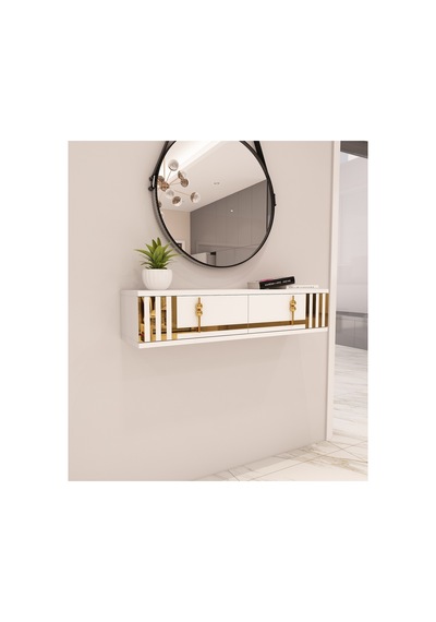 Perla 90 Cm Duvara Monte 2 Kapaklı Raflı Makyaj Masası Dresuar Beyaz-altın Beyaz-altın Perla 90 Cm Duvara Monte 2 Kapaklı Raflı Makyaj Masası Dresuar Beyaz-altın Beyaz-altın
