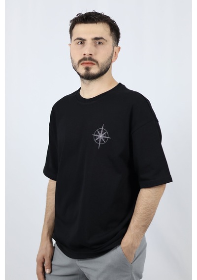 Ventov Celestial Path %100 Pamuk Oversize Bisiklet Yaka Tasarım T Siyah