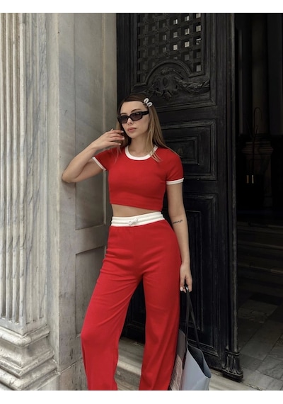 By Mop Crop Pantolon Biyeli Takım Kırmızı Kırmızı