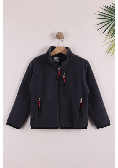 Monox Çocuk Lastik Manşetli Fermuarlı 3 Cepli Unisex Polar Ceket Füme