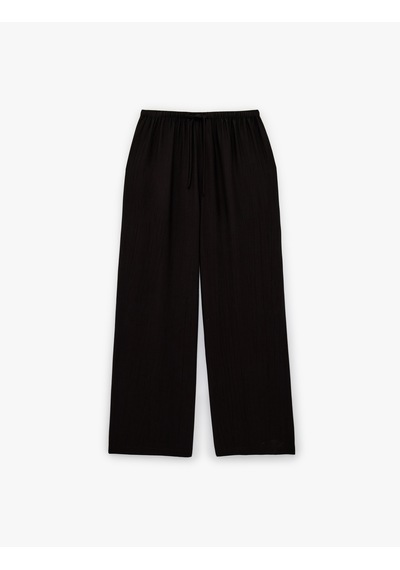 Koton Viskon Crinkle Kumaş Rahat Kalıp Beli Bağcıklı Pantolon Siyah 6sal40015ıw