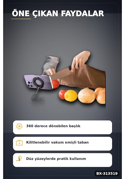 Vakumlu Emişli 360 Derece Döner Manyetik Telefon Tutucu - Güçlü Mıknatıslı Araba Masaüstü Bx-313519 Siyah