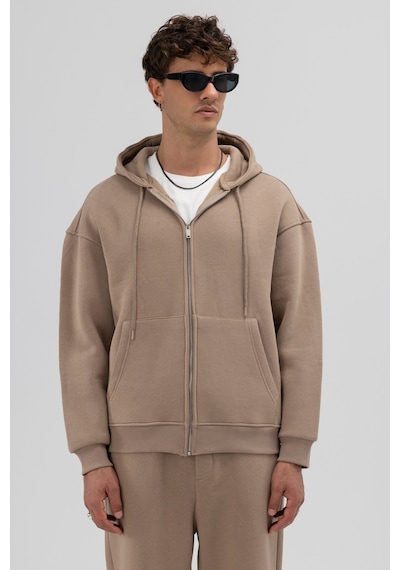 Vamos Basic Fermuarlı Oversize Kapüşonlu Sweatshirt Vizon