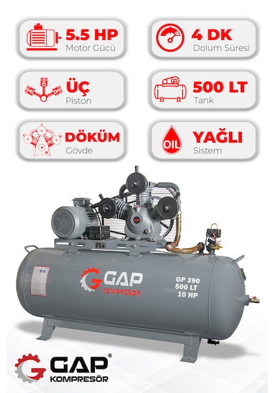 Gap Kompresör Gp390 Hava Kompresörü Pistonlu 500lt 3 Kafa 8 Bar 10 Hp