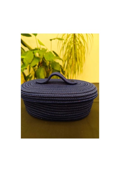 Hasır Jüt Sepet Oval Kapaklı Organizer Düzenleyici 30x20x10 Cm Lacivert Lacivert