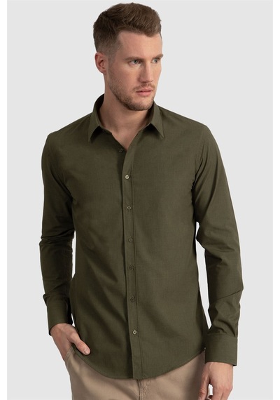 Tudors Slim Fit Dar Kesim Tery Cotton Erkek Gömlek-23406 Haki