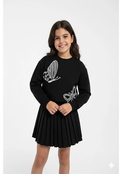 Koçak Kids Taşlı Kelebek Desenli Etekli Kız Çocuk Takım Siyah