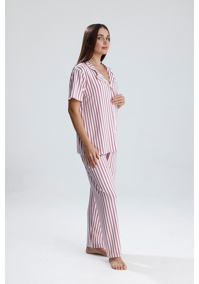 Kompedan Kadın Çizgili Önden Düğmeli Pijama Takım Mor Çzg Mor