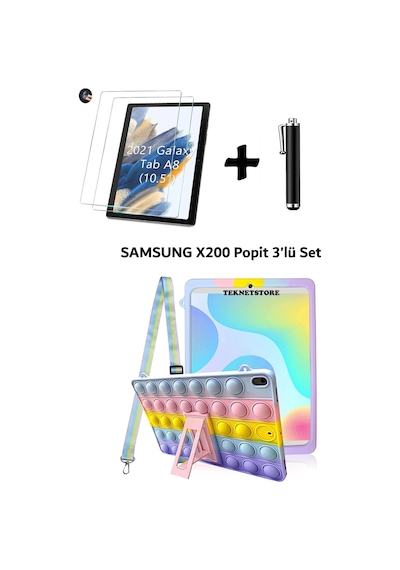 Samsung Galaxy Tab A8 10.5 2021 Sm-x200 Uyumlu Kedi Kılıf Çocuk Kılıfı Askılı Standlı 3'lü Set Kılıf