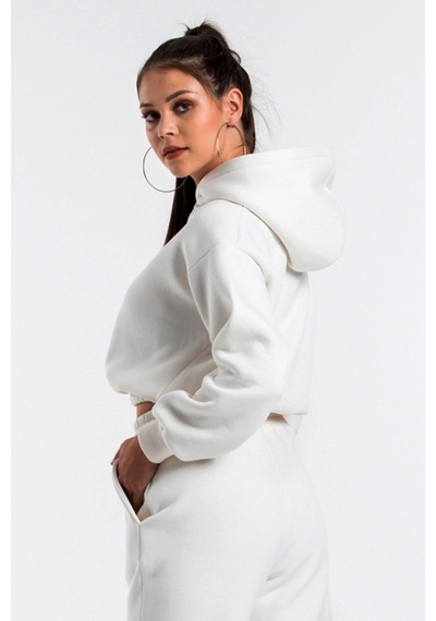 Caya Kadın Ekru Renk Kapüşonlu Crop Kesim Sweatshirt Cy84196 Beyaz Beyaz
