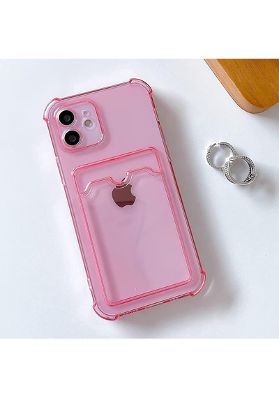 Teknomoda Apple Uyumlu iPhone 11 Kılıf Kartlıklı Anti Şok Korumalı Şeffaf Silikon Pembe Pembe
