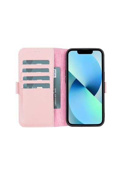 Apple İphone 13 Uyumlu Deri Cüzdanlı Kılıf Toz Pembe Diğer
