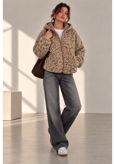 Bb Butik Basic Kadın Kapüşonlu Fermuarlı Peluş Ceket Oversize Rahat Kesim My3535 Kahverengi