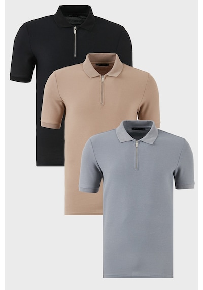 Buratti Pamuklu Regular Fit Yarım Fermuarlı 3'Lü Paket Erkek Polo Yaka T Shirt 5902434S3 Siyah-Gri-Vizon
