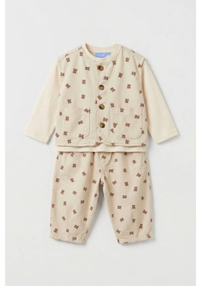 Fleurs Chic Paris Bear Denim Takım 3 Parça Krem