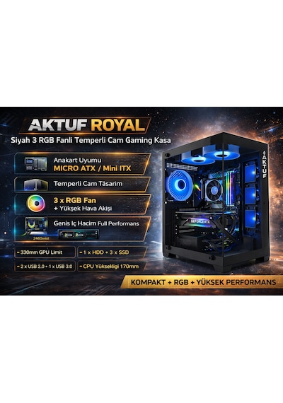 Aktuf Royal Siyah 3 Rgb Fanlı Temperli Cam Panel Boş M-atx Gaming Oyuncu Bilgisayar Kasası
